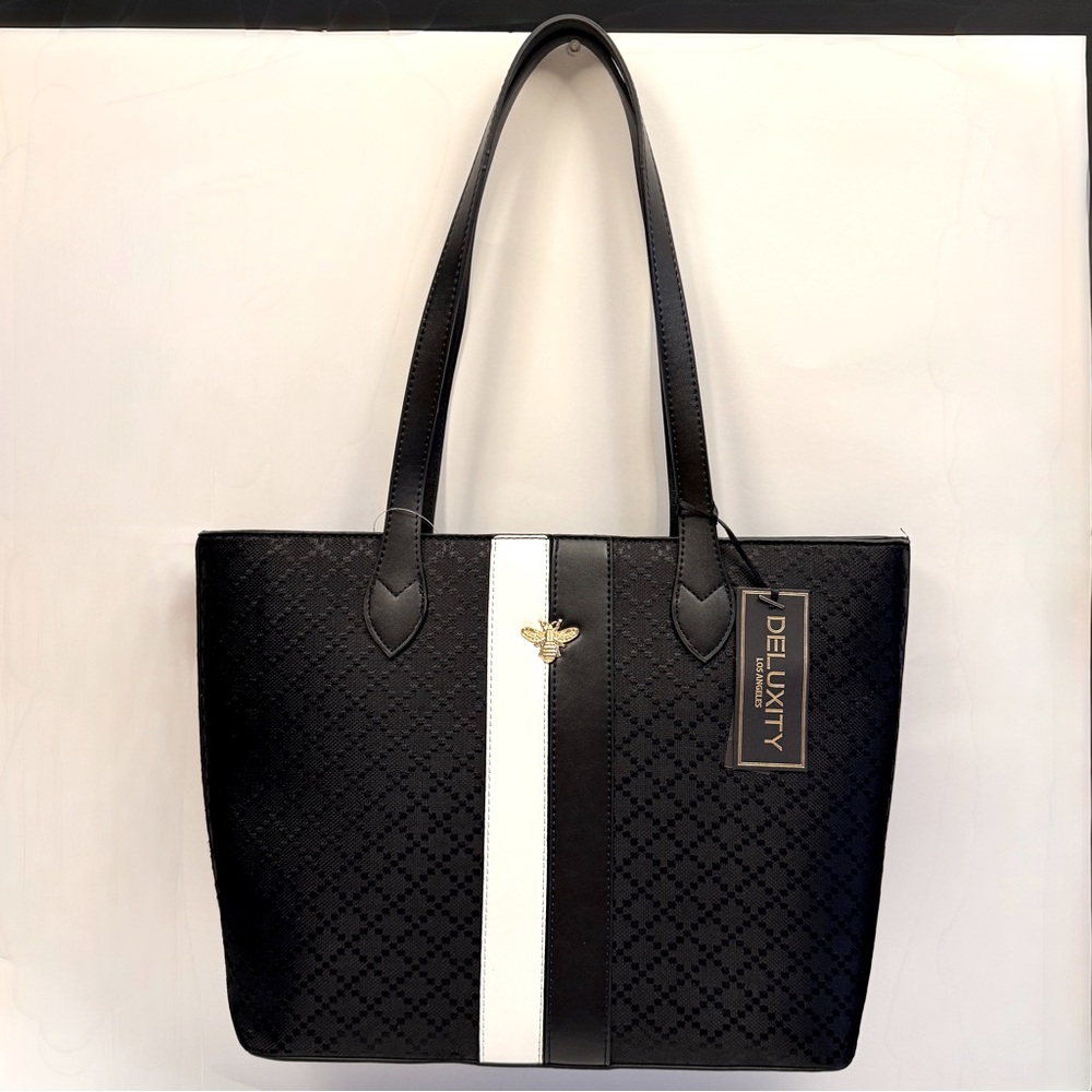 Deluxity Black and White Women Large Texture Tote Bag Handbag Purse Vegan NWT